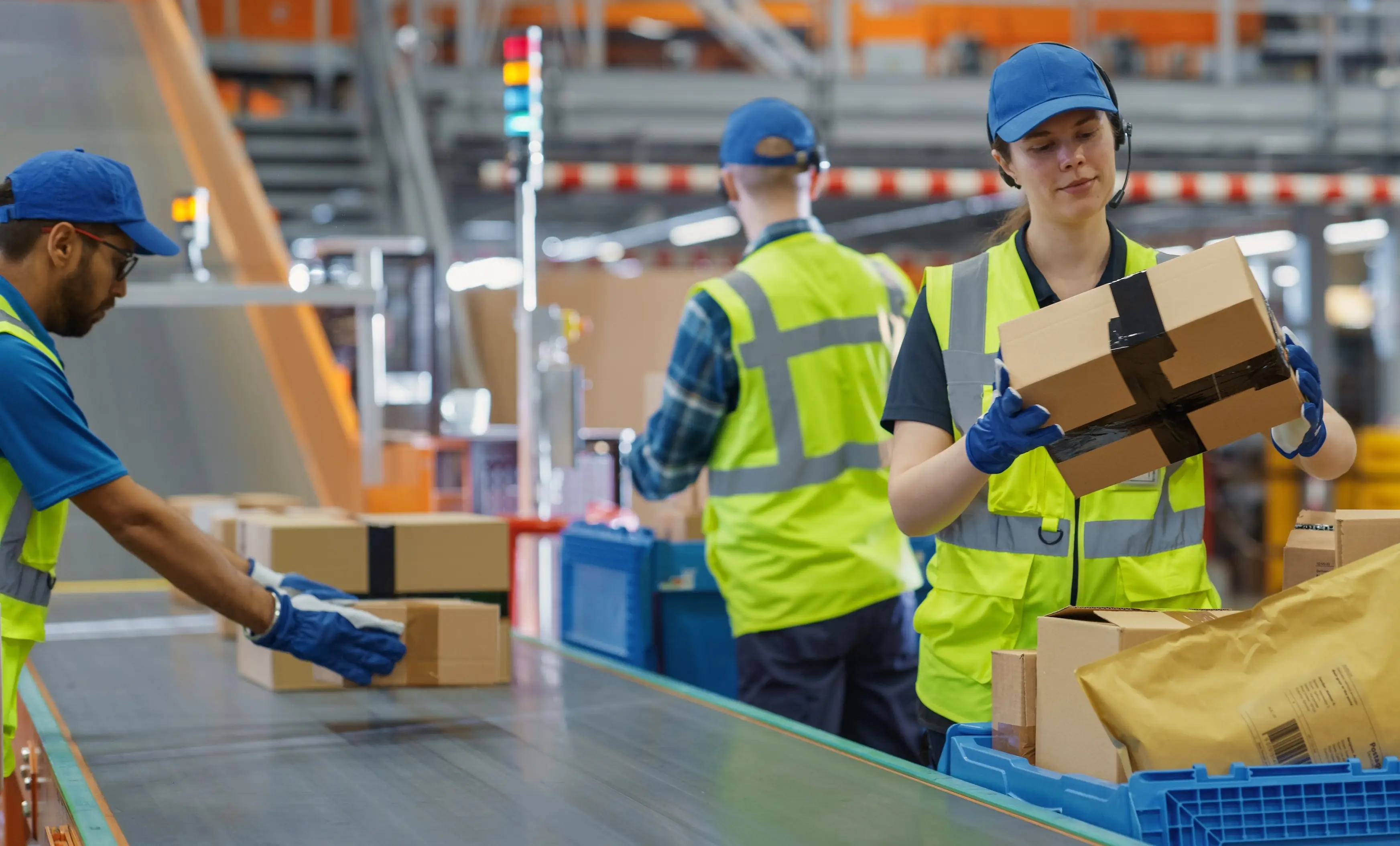 A team of workers efficiently packing boxes on an assembly line in a manufacturing facility.