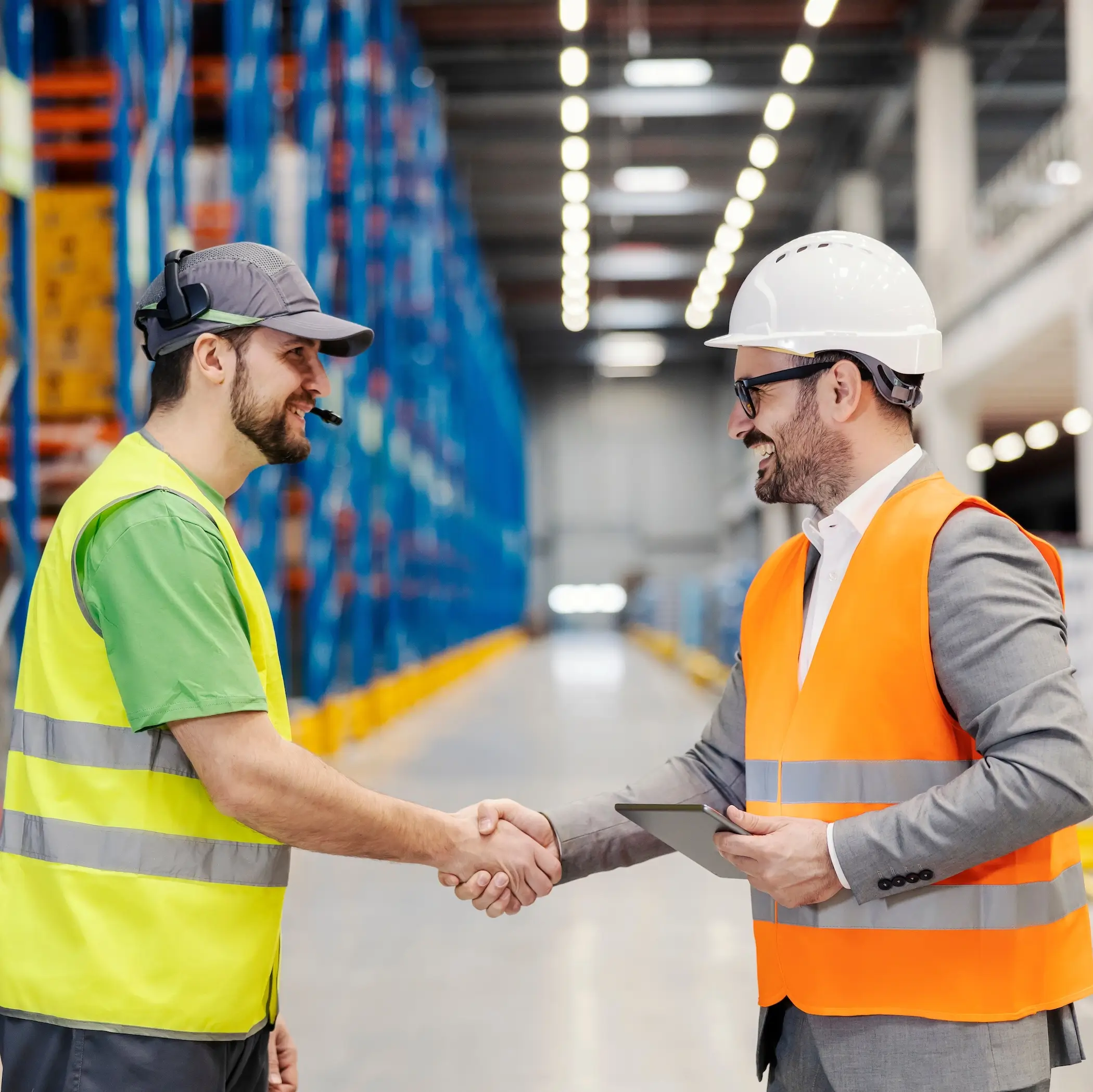Two men shaking hands inside a warehouse, symbolizing a business agreement or partnership.