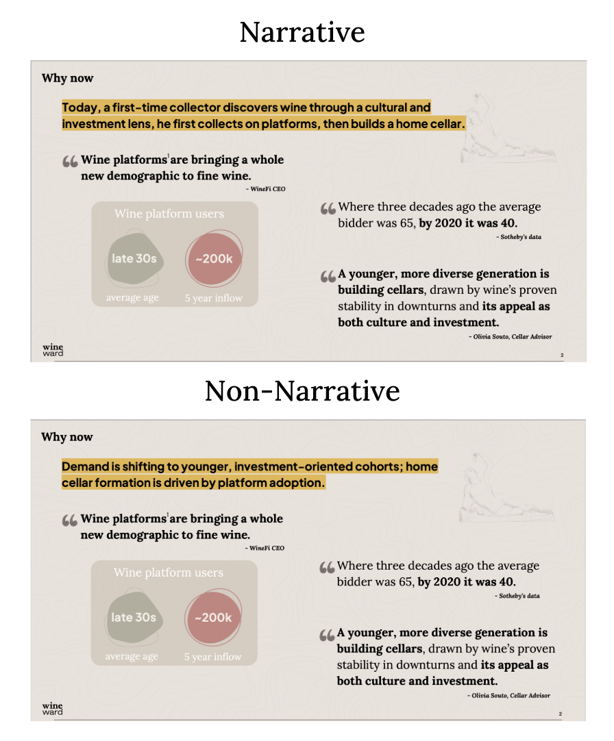 Esteban's startup pitch deck with Narrative and Non-Narrative Subtitle Phrasing