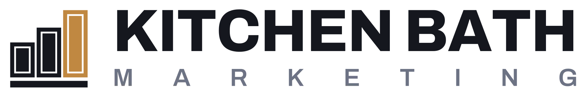 Logo featuring three vertical bars of increasing height with the tallest bar in gold, followed by bold black text 'KITCHEN BATH' and below it spaced gray text 'MARKETING'.