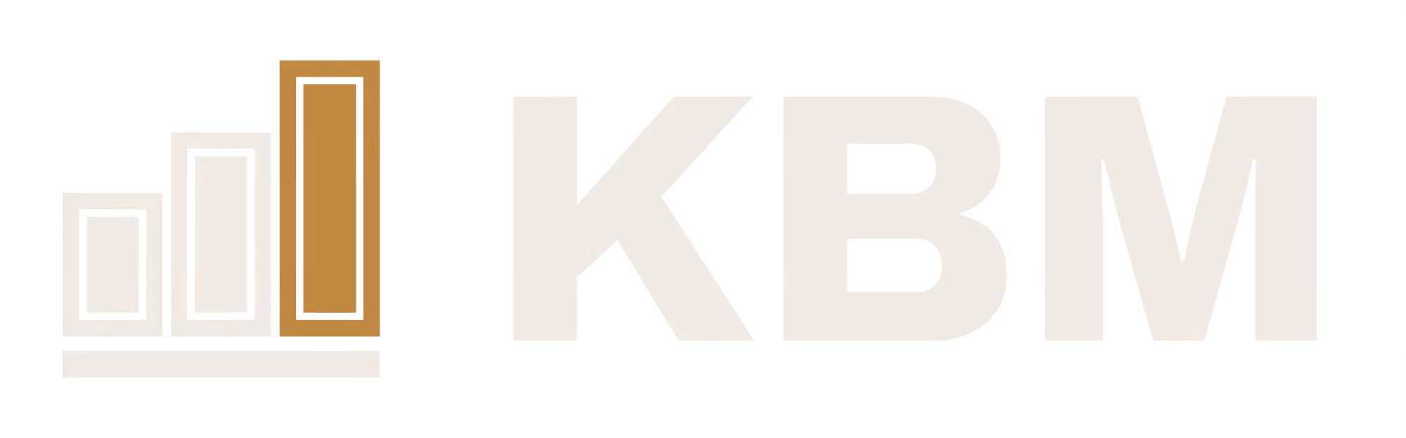 Logo featuring three vertical bars of increasing height in light beige and gold colors next to bold letters K B M in light beige on a black background.