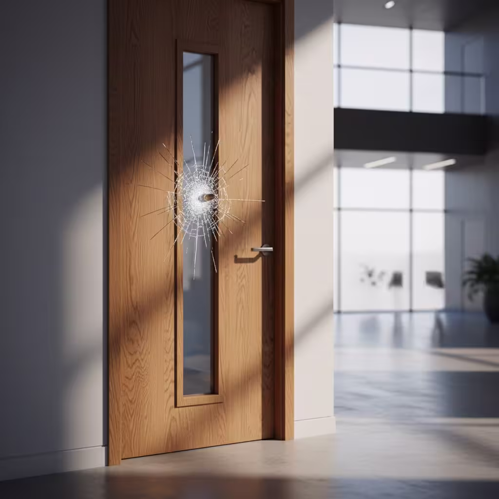 Wooden door with vertical glass panel shattered by a bullet hole in a modern interior space.