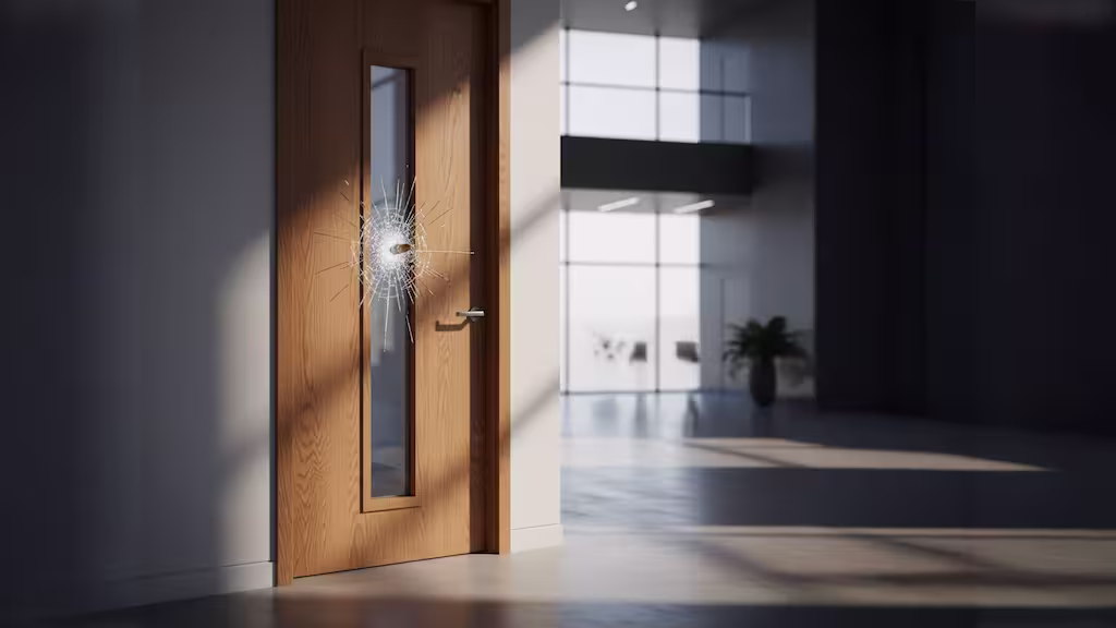 Wooden door with a narrow vertical glass panel showing a bullet hole surrounded by shattered glass in a modern interior space.