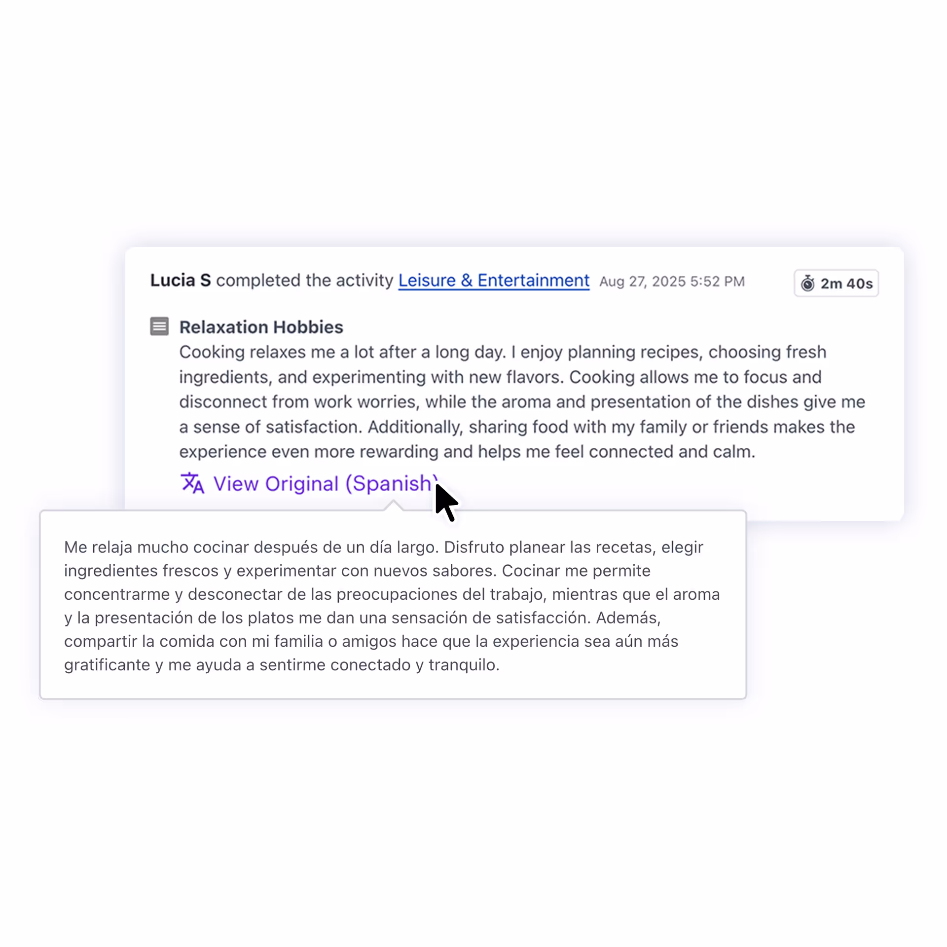 A user named Lucia S completed a Leisure & Entertainment activity titled Relaxation Hobbies, describing how cooking helps them relax, focus, and feel connected by sharing food with family or friends, with an option to view the original Spanish text all within the Recollective Platform.