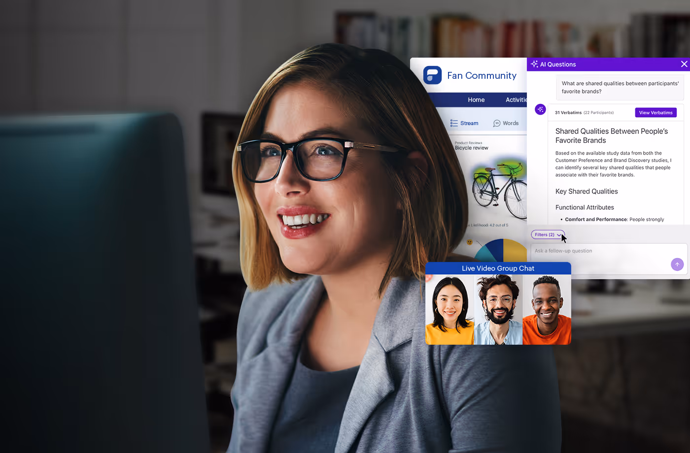 A researcher using a computer surrounded by Recollective Guided Discovery Platform UI.
