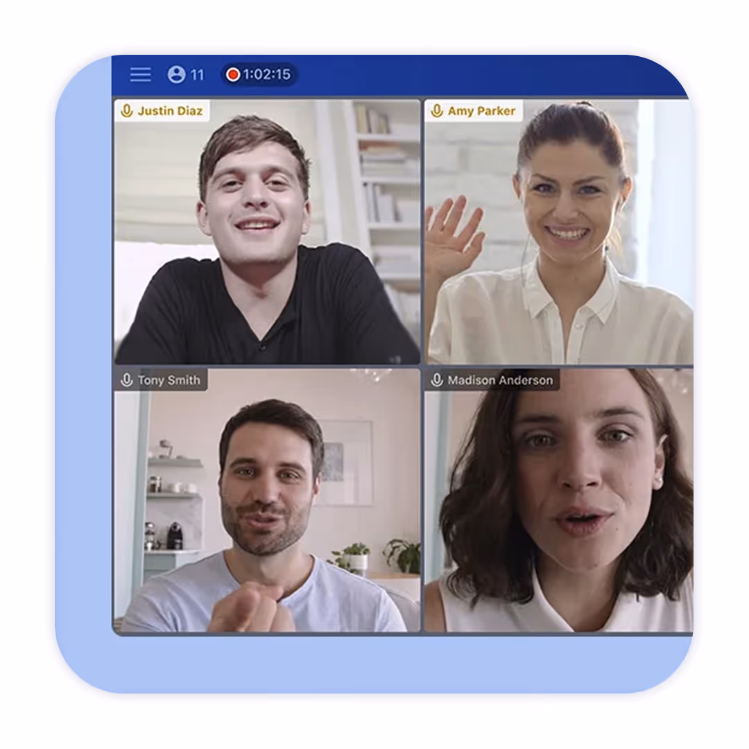 Screenshot of a video call with four participants, two men and two women, engaging in conversation on The Recollective Qualitative Research Platform.