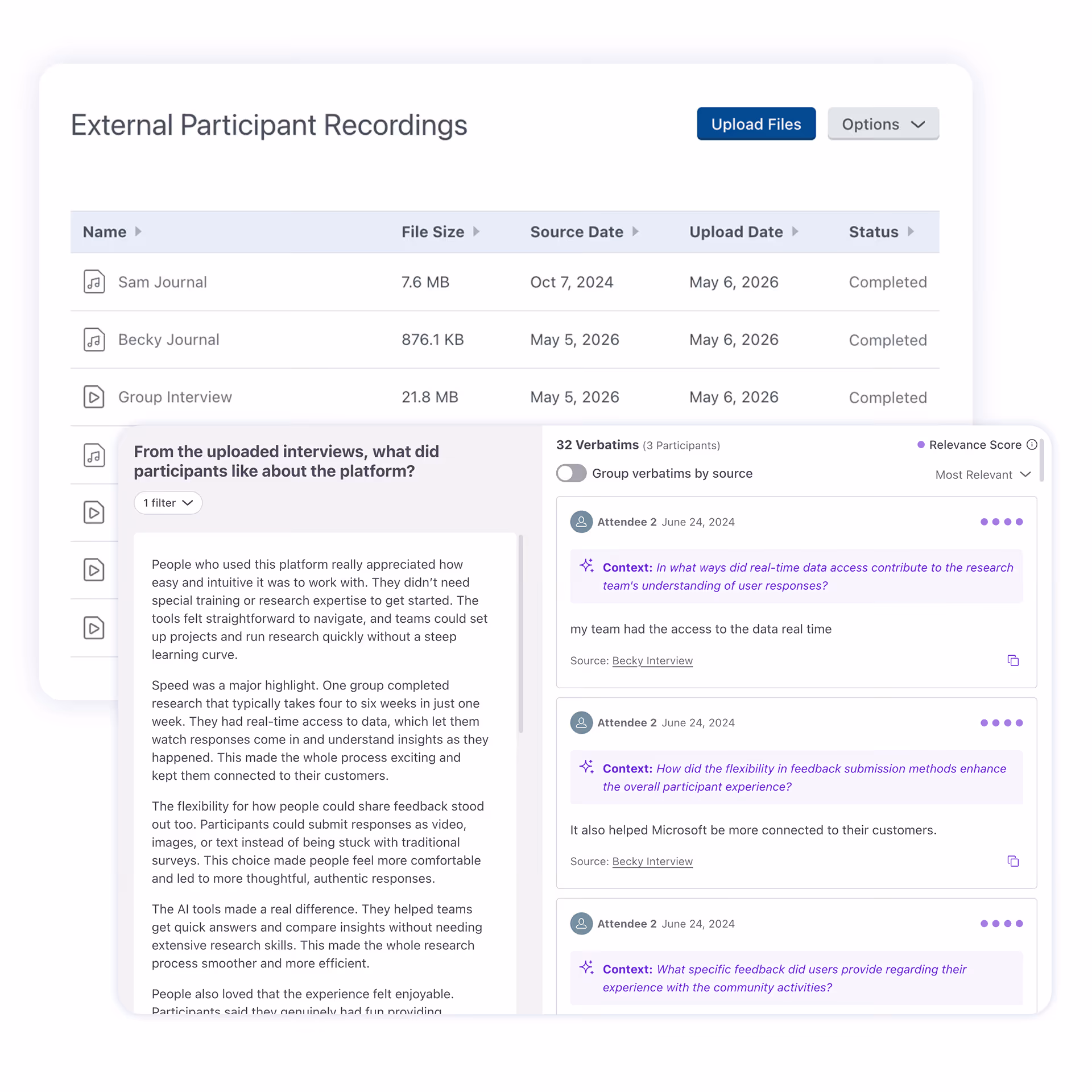 Screenshot of an interface titled External Participant Recordings showing a table listing recordings with columns for Name, File Size, Source Date, Upload Date, and Status, including entries for Sam Journal, Becky Journal, and Group Interview. Below is a detailed view of participant feedback on platform features, highlighting ease of use, speed, flexibility in feedback submission, AI tools aiding research, and user experience enhancements. There are 32 verbatim responses from 3 participants with contextual questions and answers displayed, referencing a Becky Interview source.