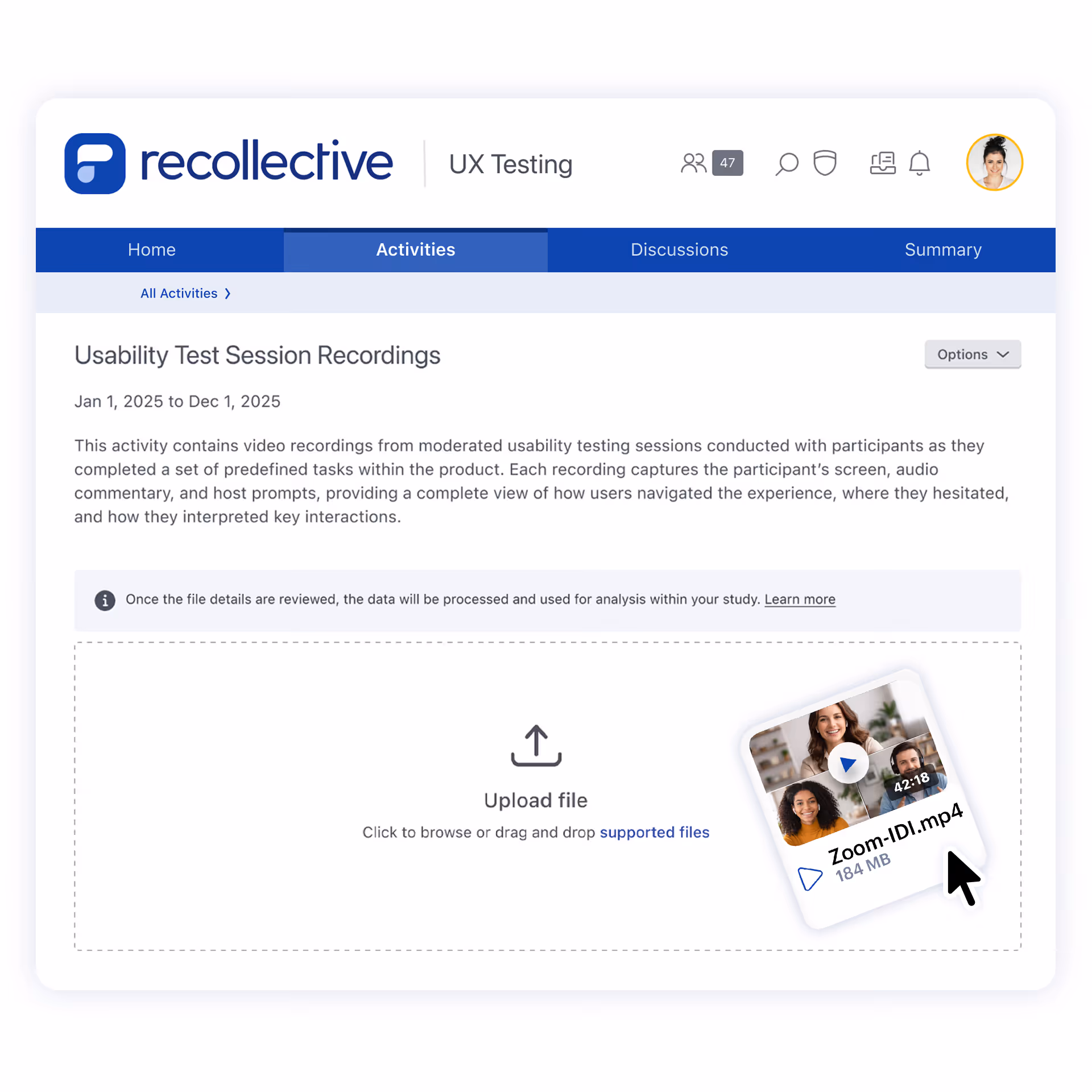 Screenshot of Recollective UX Testing platform showing Usability Test Session Recordings page with description of video recordings from moderated sessions, a file upload area with an example video thumbnail labeled Zoom-IDI.mp4 and file size 184 MB.