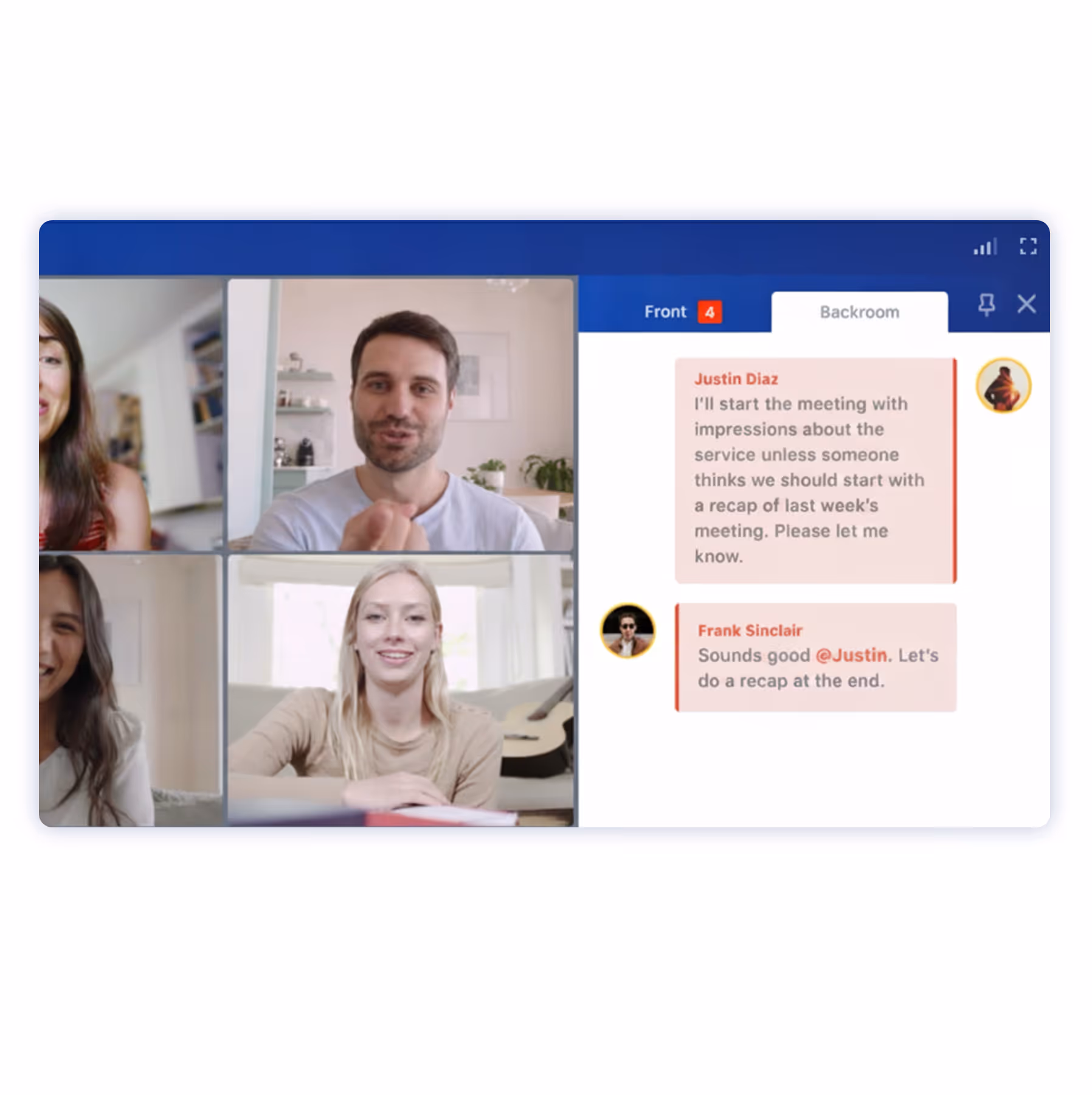 Video call with four people on the left and a chat panel with meeting messages on the right.