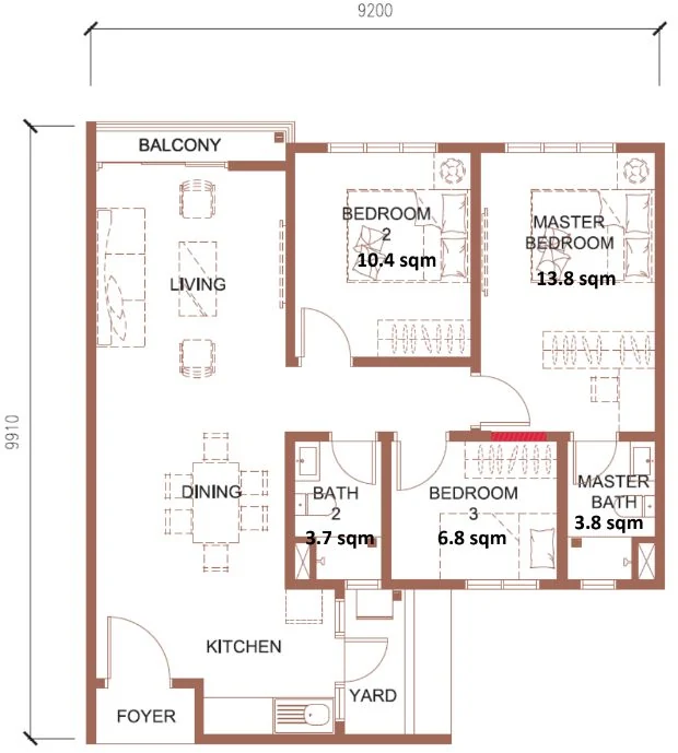 MH Platinum 3 Type B floor plan, 850 sq ft, 3 bedrooms
