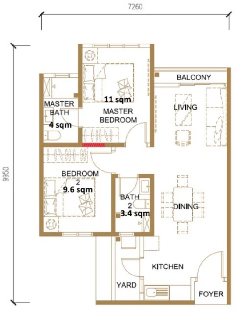MH Platinum 3 Type A floor plan, 650 sq ft, 2 bedrooms