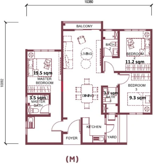 MH Platinum 3 Type C dual key floor plan, 950 sq ft, 3 bedrooms