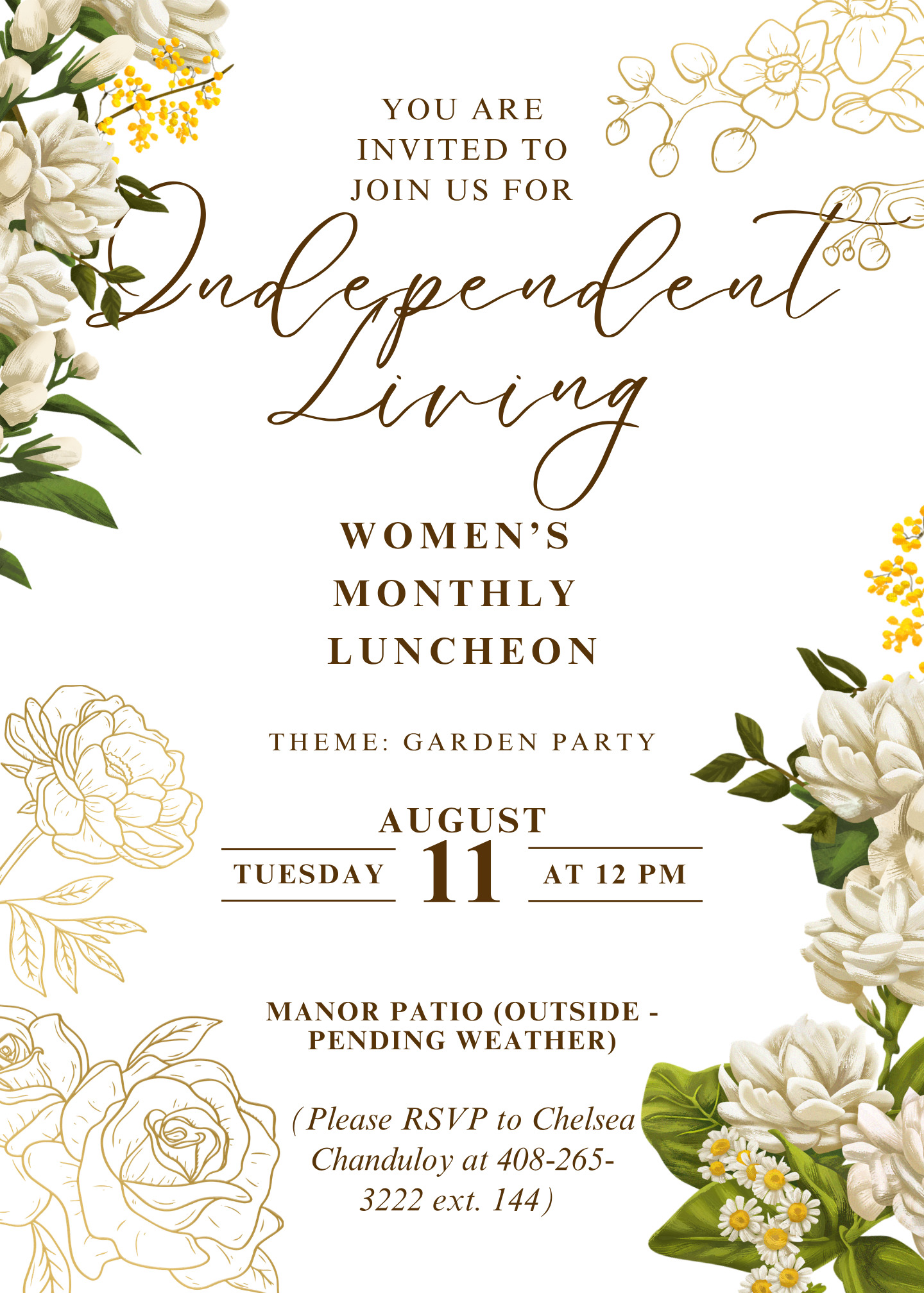 Independent Living Women's Monthly Luncheon, Garden Party theme, Tuesday August 11 at 12 PM on the Manor Patio
