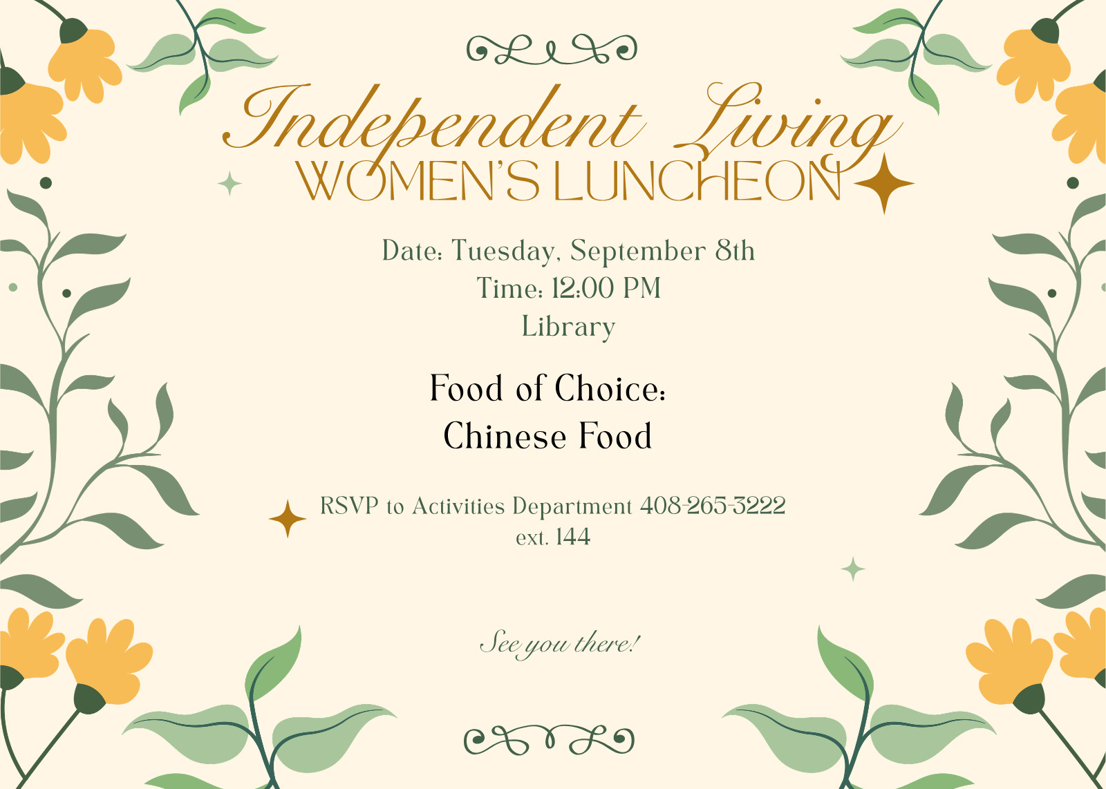 Independent Living Women's Luncheon, Tuesday September 8 at 12:00 PM in the Library, Chinese food