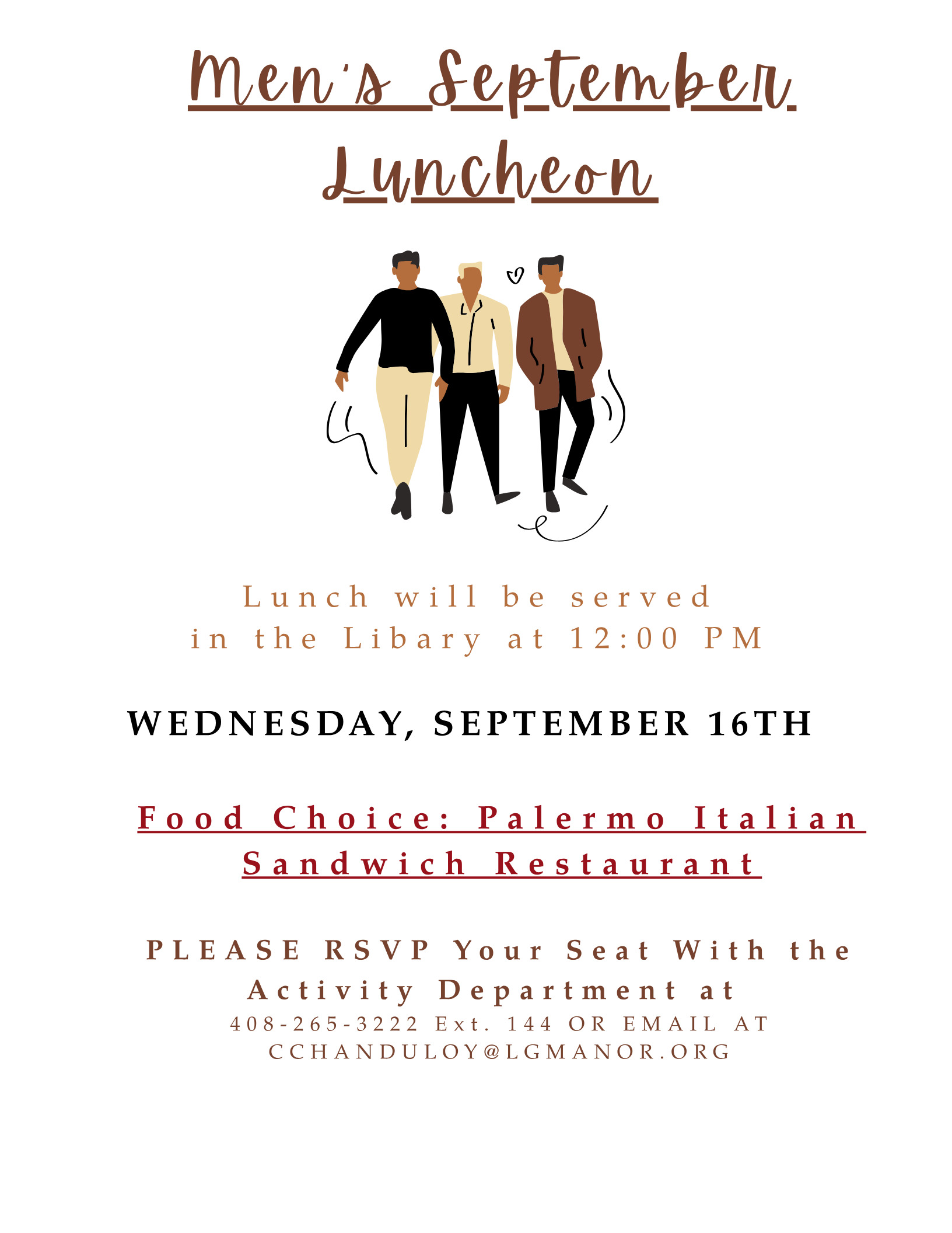 Men's Luncheon, Wednesday September 16 at 12:00 PM in the Library, featuring Palermo Italian Sandwich Restaurant