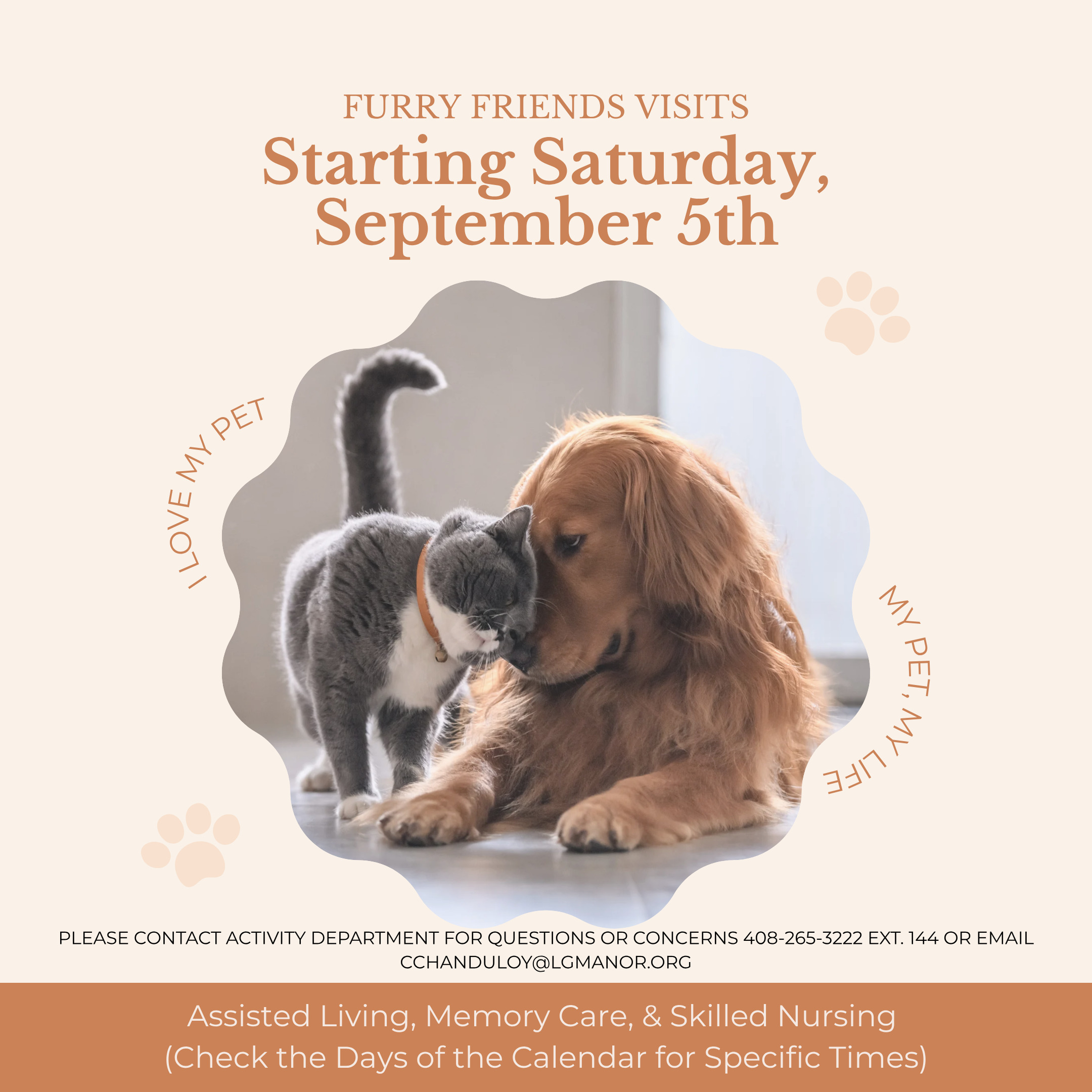 Furry Friends pet visits starting Saturday, September 5th, for Assisted Living, Memory Care, and Skilled Nursing