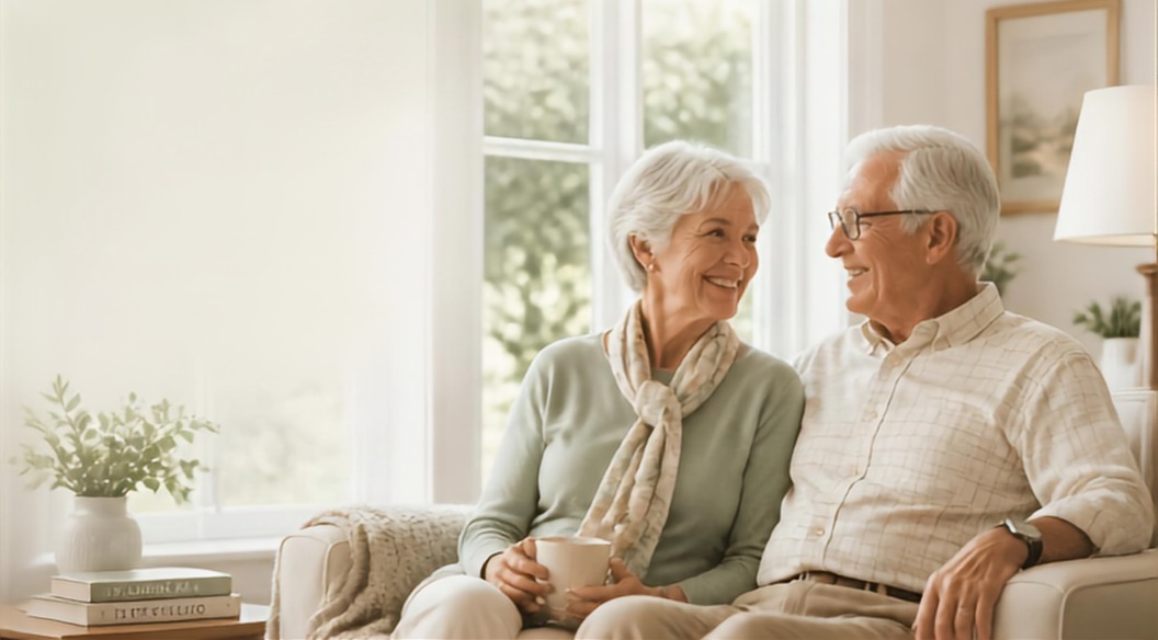 A husband and wife smiling together on a sofa at home