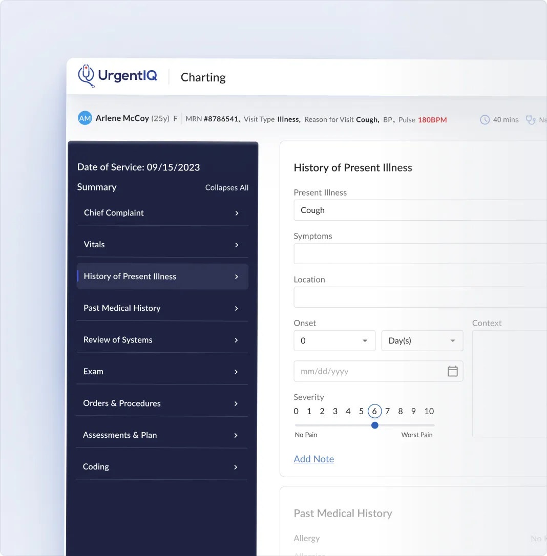 Shows a mockup of the UrgentIQ charting page. Shows suggested symptoms for the currently selected HPI