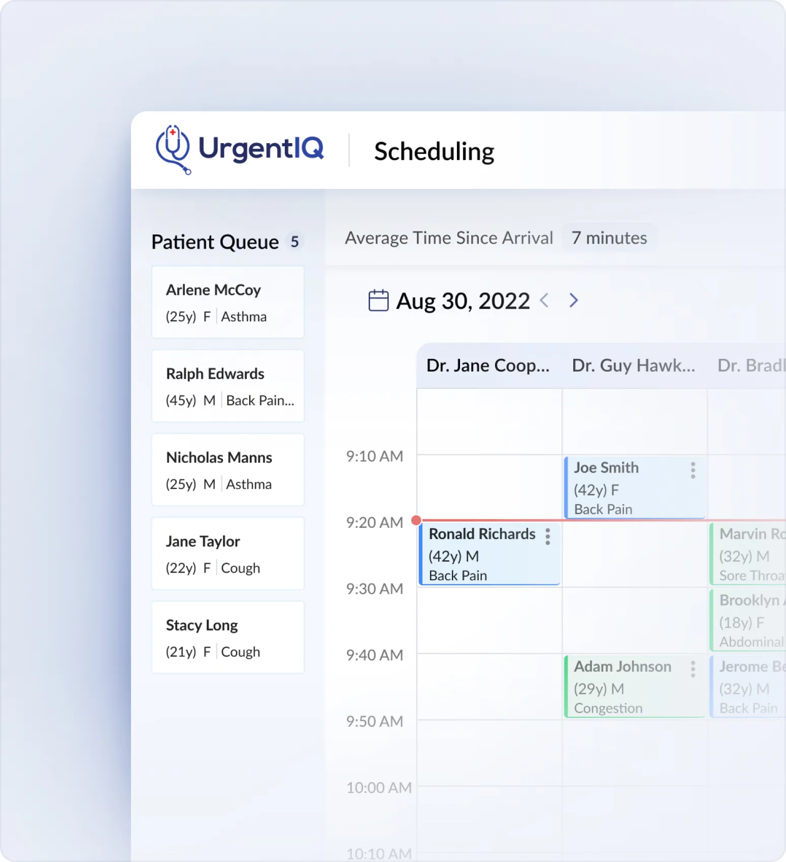 A mockup of the scheduling page in the UrgentIQ app. It shows a calendar view split by provider and a patient queue on the left. 
