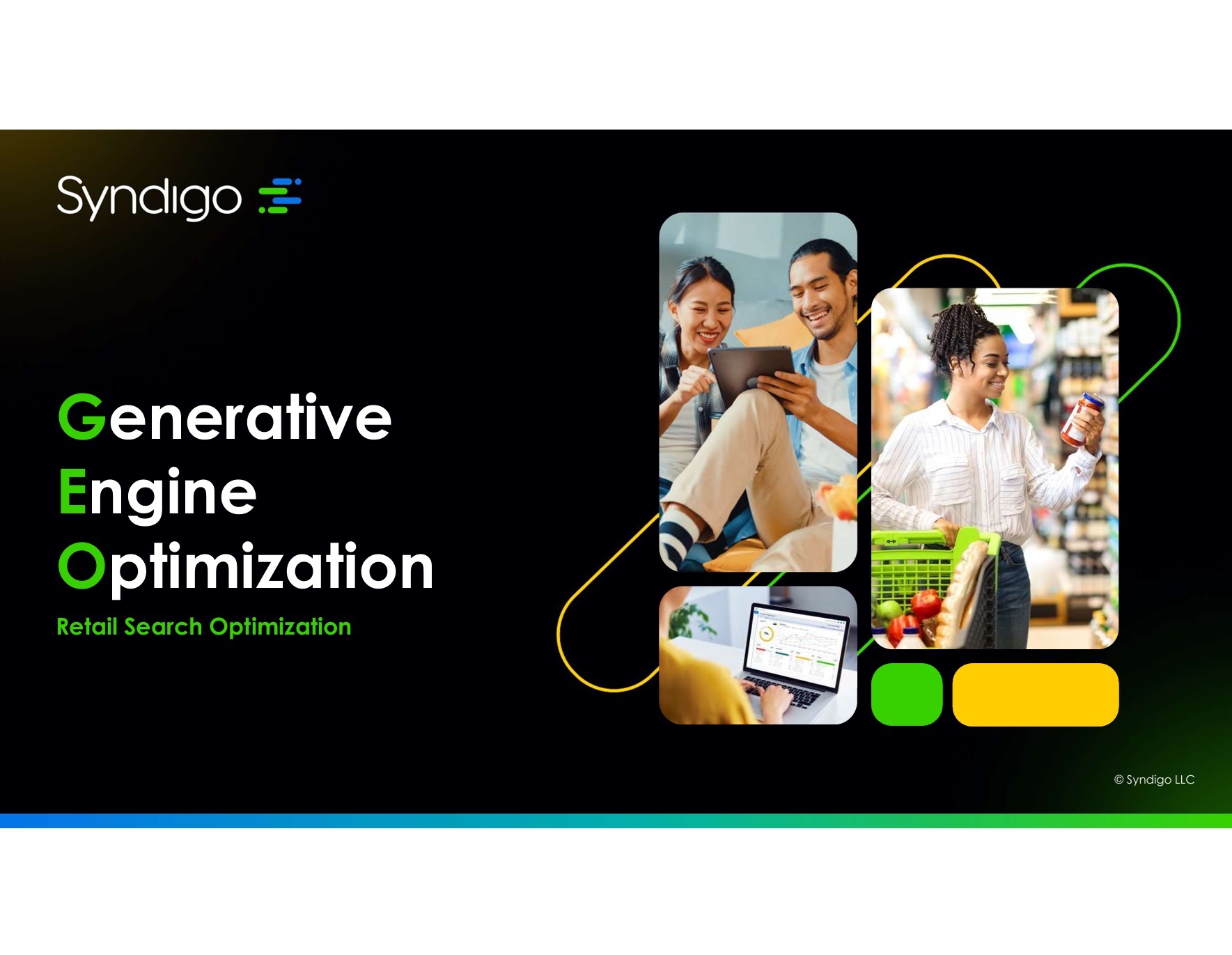 Syndigo presentation slide introducing Generative Engine Optimization for retail search, with images of online shopping and grocery browsing.