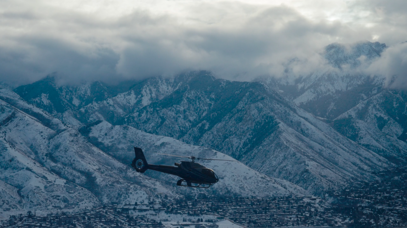 Helicopter over the Wasatch Mountains in a Freedom Air film by Reverb Films