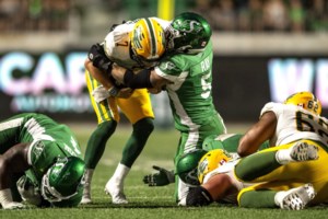 ‘The boys were like piranhas’: Corey Mace praises defensive line as Roughriders hold on to defeat Edmonton Elks and Cody Fajardo