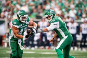 ‘This is my turn’: Riders’ QB Trevor Harris explains why him and A.J. Ouellette tackle each other after CFL games