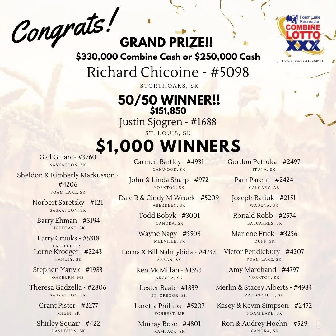 Foam Lake Recreation Combine Lotto Winners!