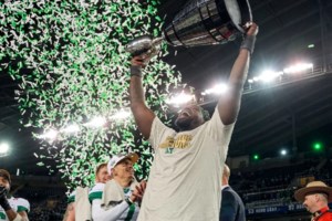 ‘Didn't feel real’: Jermarcus Hardrick reflects on being first Riders player to hoist Grey Cup in Winnipeg
