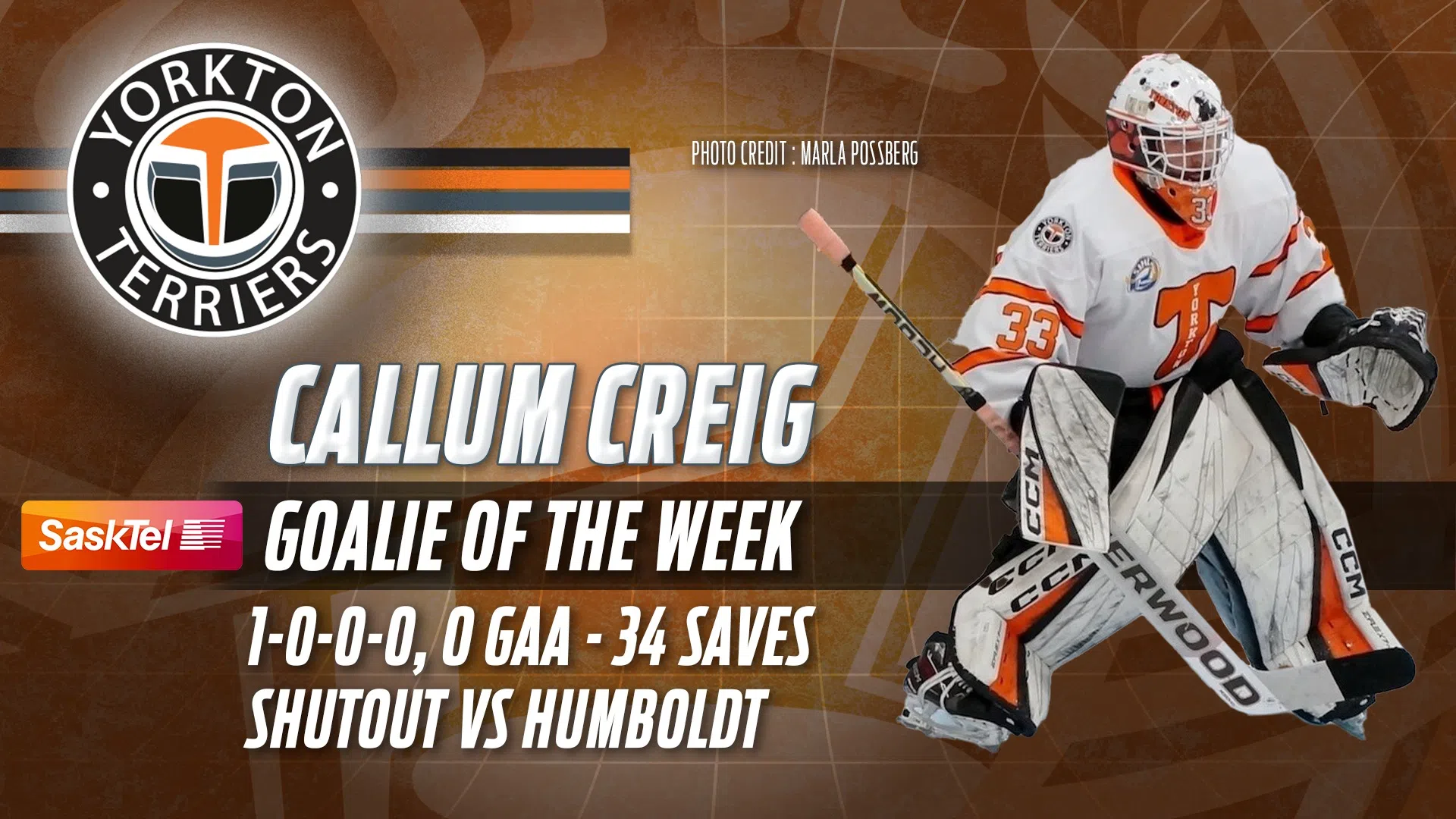 Yorkton Terriers netminder Callum Creig named as SJHL Goaltender of the Week