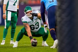 Saskatchewan Roughriders offensive lineman Logan Ferland settling in nicely in second year playing centre