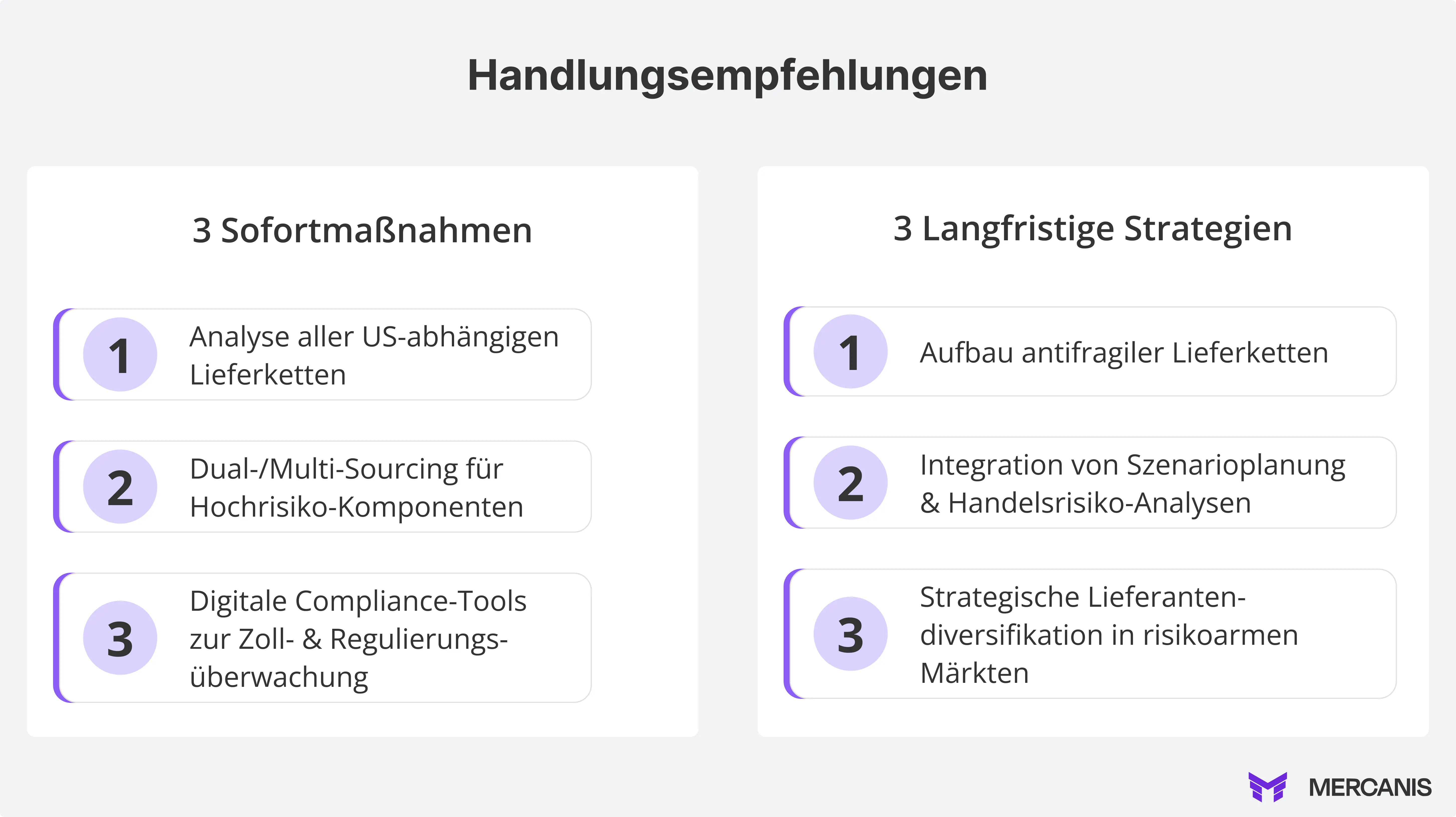Infografik zu strategischen Handlungsempfehlungen für Einkaufsabteilungen im Umgang mit den aktuellen US-Strafzöllen – aufgeteilt in drei Sofortmaßnahmen und drei langfristige Strategien.