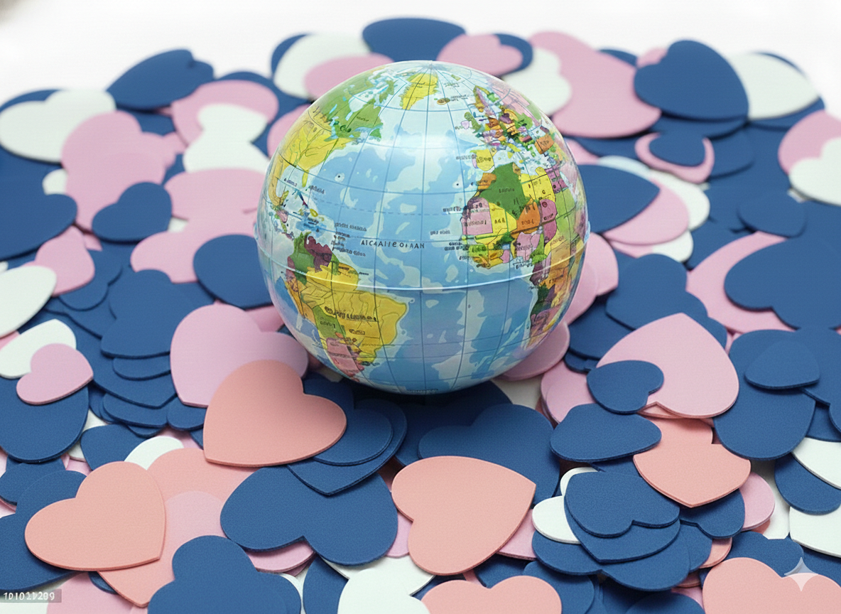 Un petit globe terrestre entouré de cœurs en papier, symbolisant l'universalité de l'amour et la diversité des expressions linguistiques à travers le monde.