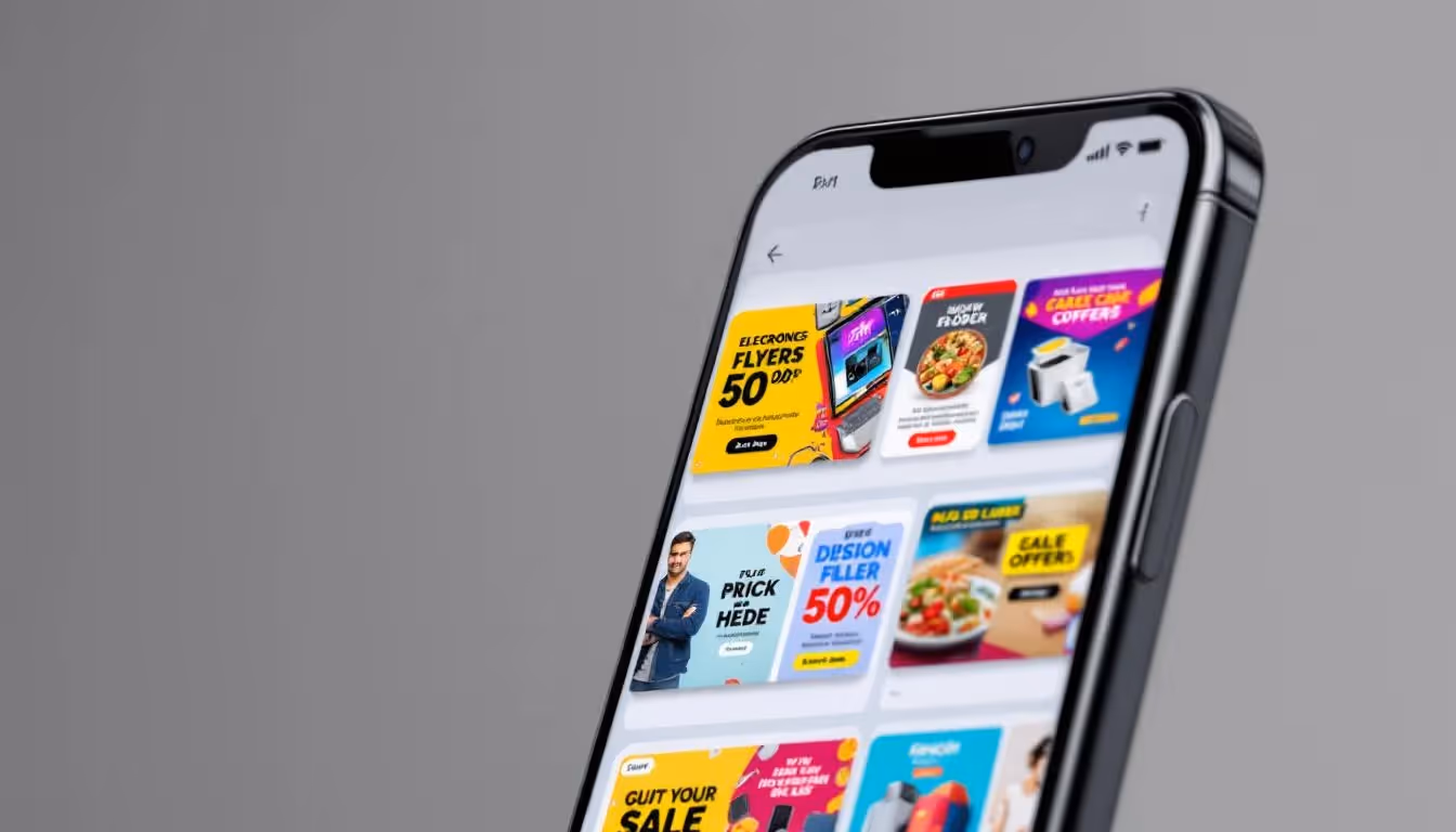 A modern smartphone screen showcases various digital flyers and promotional offers from different stores, highlighting savings on groceries and other items. Users can interact with the app to check their account, create orders, or find options for their shopping needs.