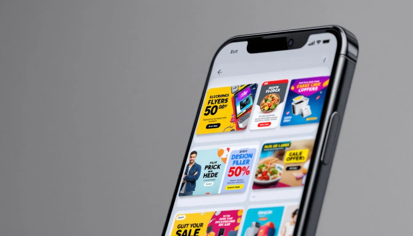 A modern smartphone screen showcases various digital flyers and promotional offers from different stores, highlighting savings on groceries and other items. Users can interact with the app to check their account, create orders, or find options for their shopping needs.