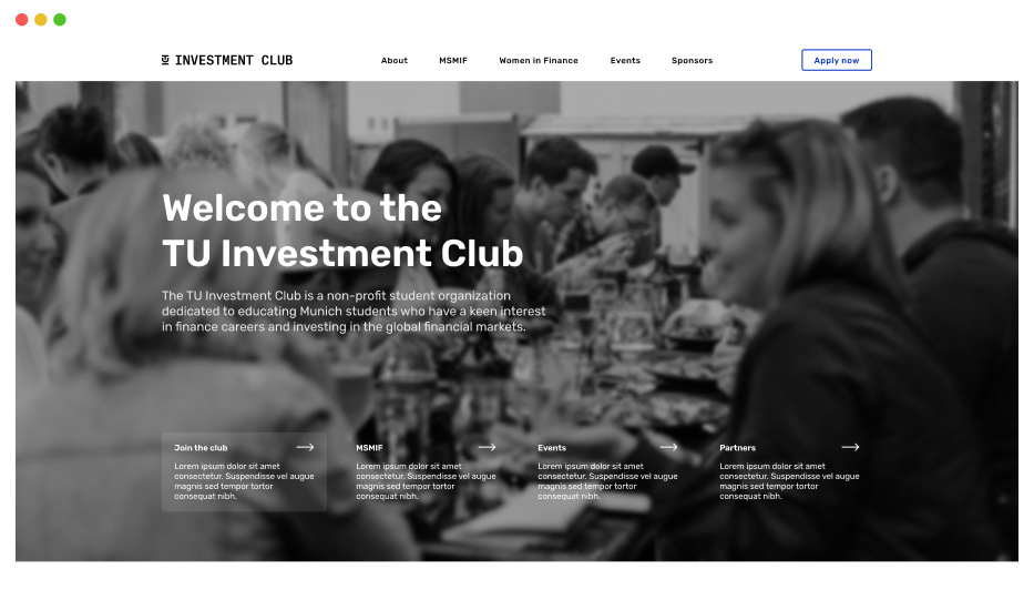 Homepage Hero Sektion des Tu Investment Club Development Projekts