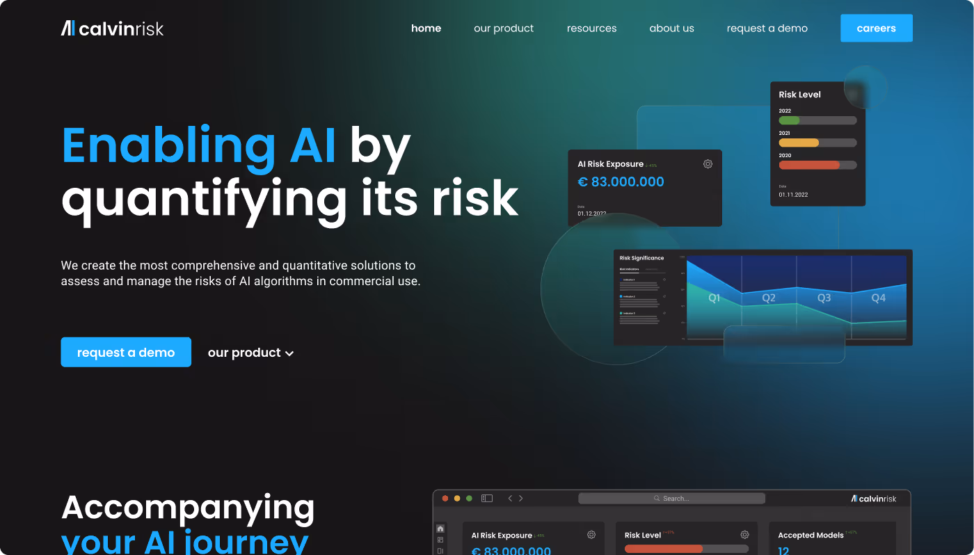 Calvinrisk homepage showing AI risk quantification tools with risk exposure and risk level graphs.