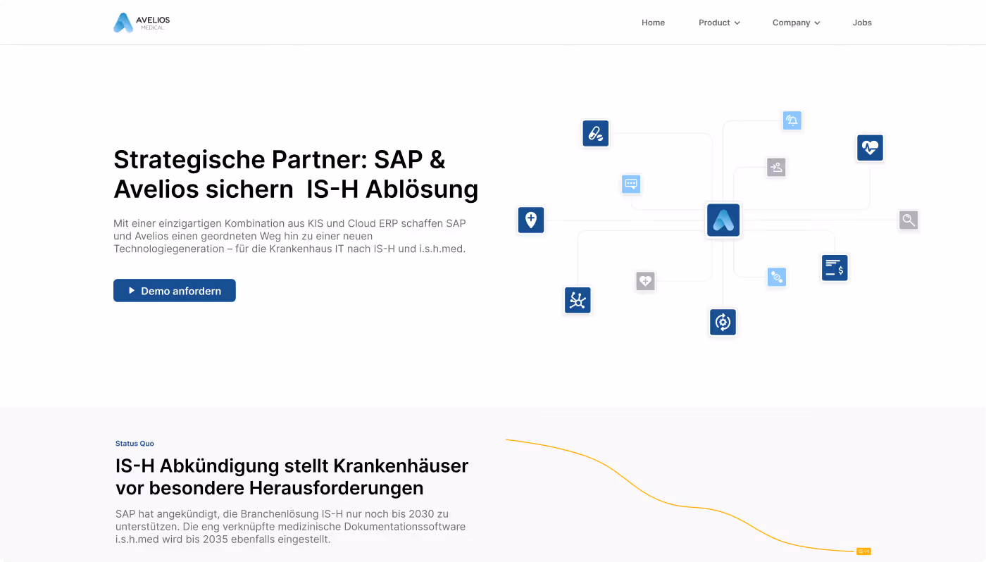 Avelios Medical webpage about SAP and Avelios partnership replacing IS-H system in hospitals, with a demo button.