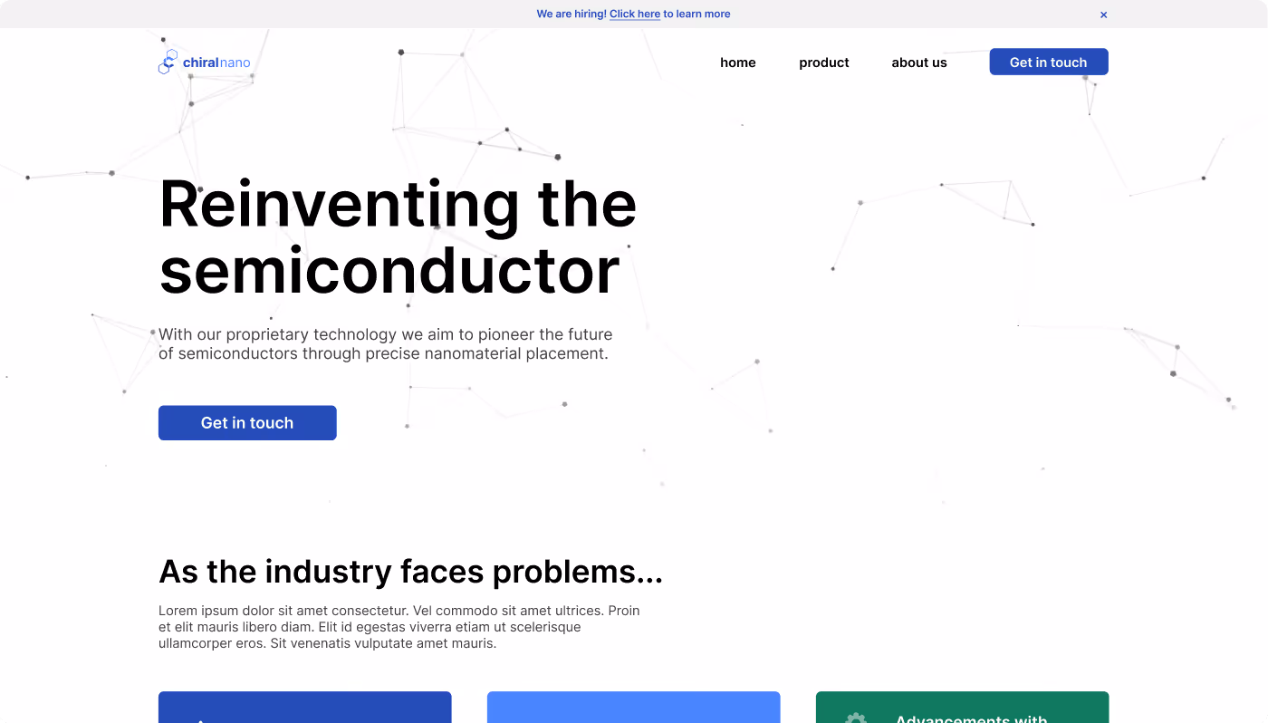 Website homepage with headline Reinventing the semiconductor and a Get in touch button.