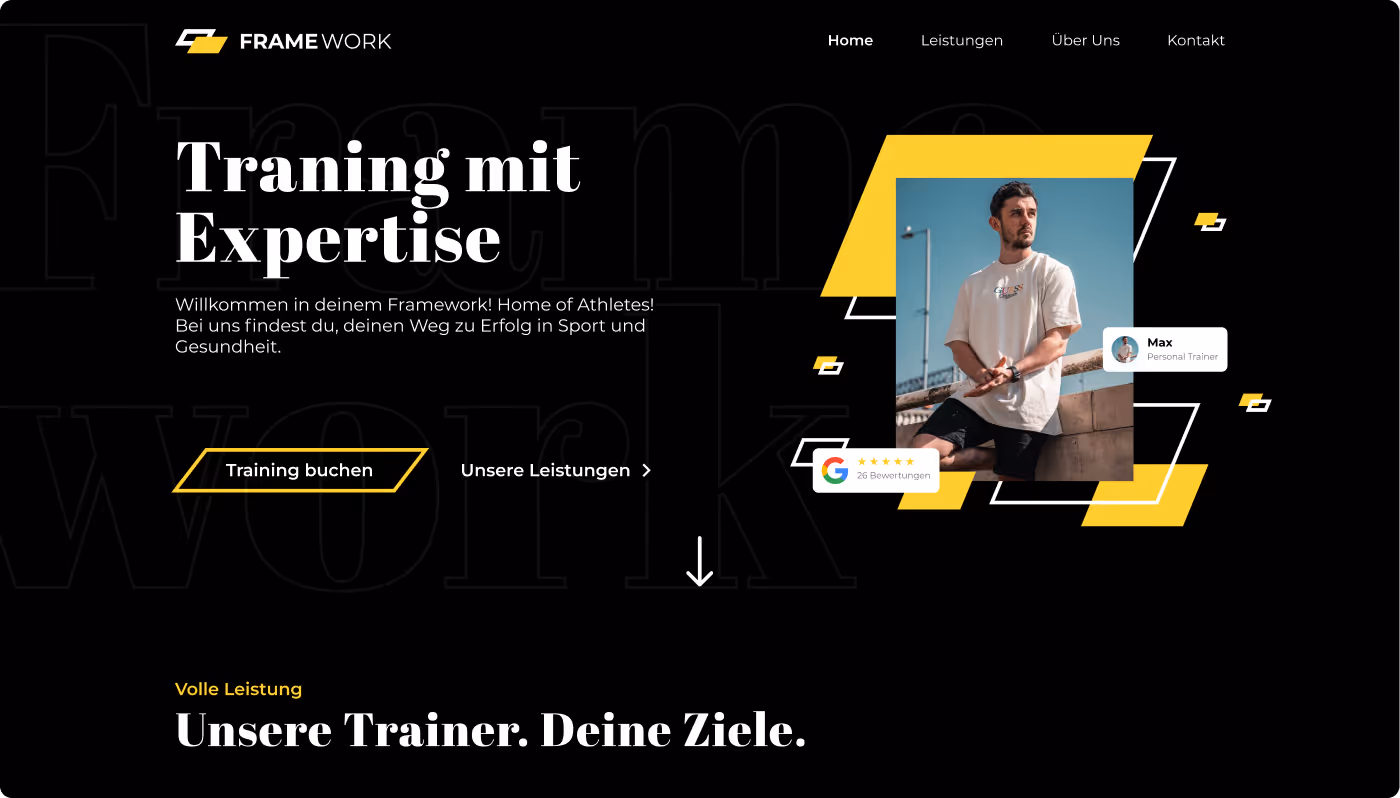 Website homepage with a male personal trainer named Max, headline 'Training with Expertise' and navigation links Home, Leistungen, Über Uns, Kontakt on a black background.