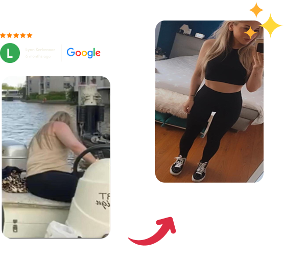 Before and after photo showing a woman's weight loss transformation; the left image shows her on a boat wearing a beige tank top, and the right image shows her in black workout clothes taking a mirror selfie.