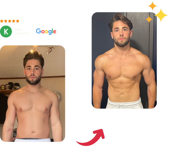 Side-by-side comparison of a shirtless young man before and after muscle gain transformation, showing increased muscle definition and tone.