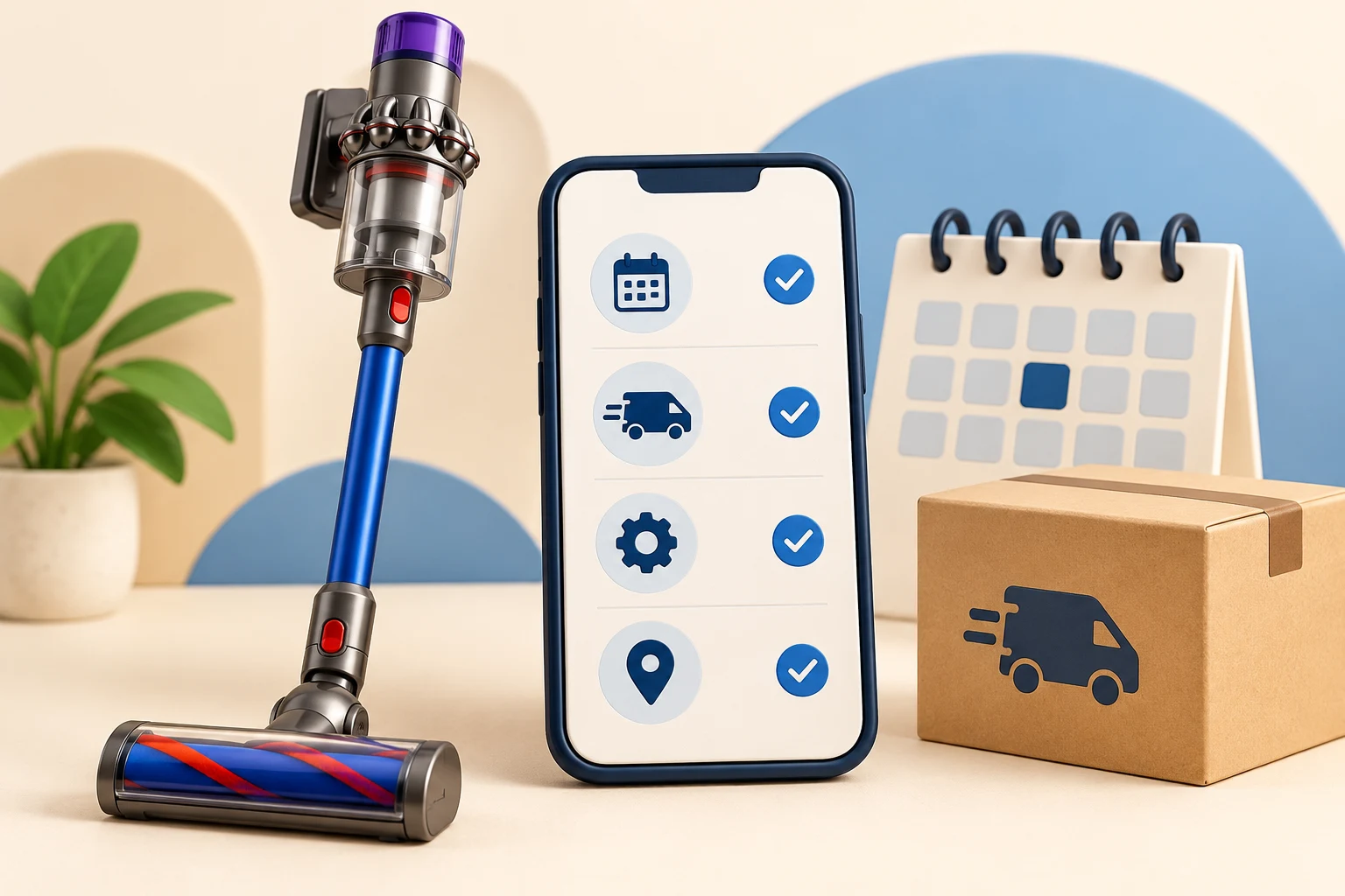 Illustration of a cordless vacuum beside a repair-booking checklist, calendar and transport box