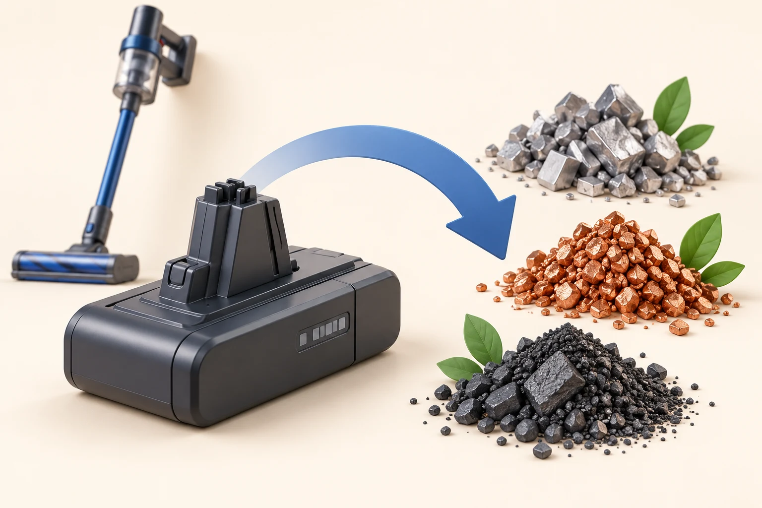 Conceptual illustration of a cordless vacuum battery and recovered materials after recycling