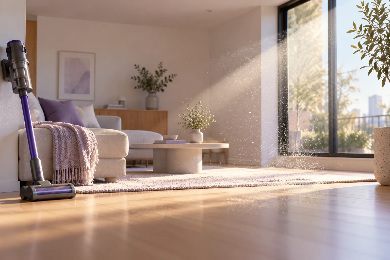Illustration of sunlight revealing fine dust settling in a freshly vacuumed living room