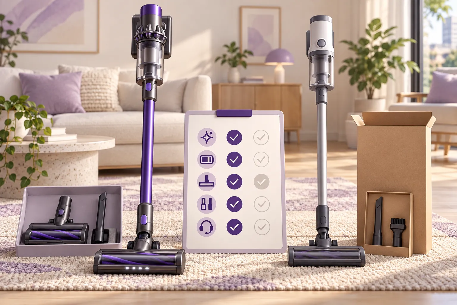 Illustration comparing a refurbished premium cordless vacuum with a new budget stick vacuum