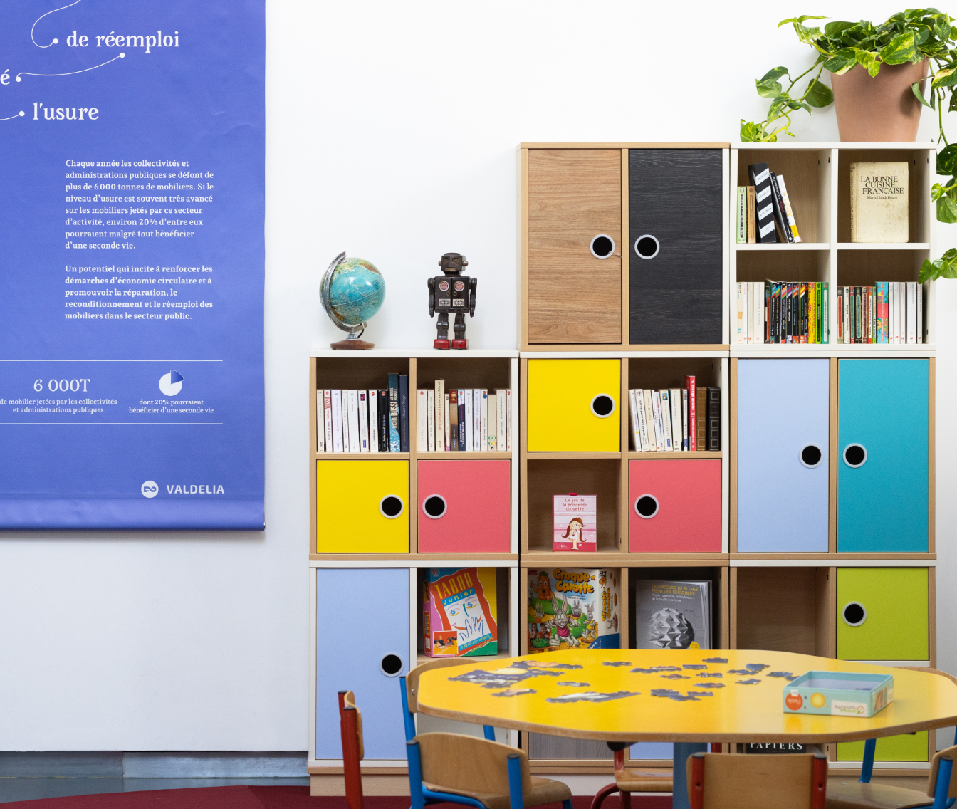 la réponse D meuble coloré, table jaune en bois, éco conception