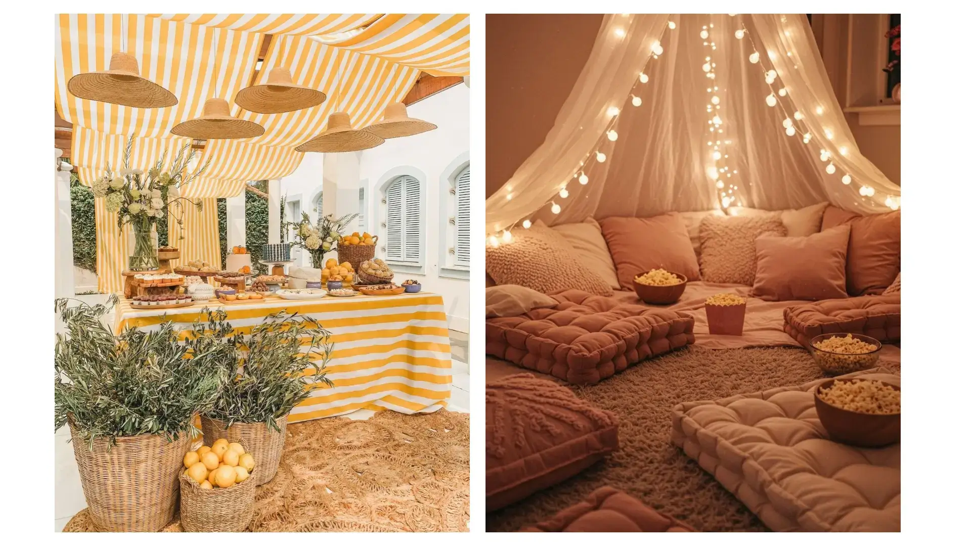 inspirations soirée d'été avec coin cooconing et fleurs  La Réponse Dséchées, coussins, lumières tamisées