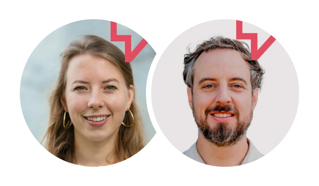 Portraits of a smiling woman with long fair hair and hoop earrings and a smiling bearded man