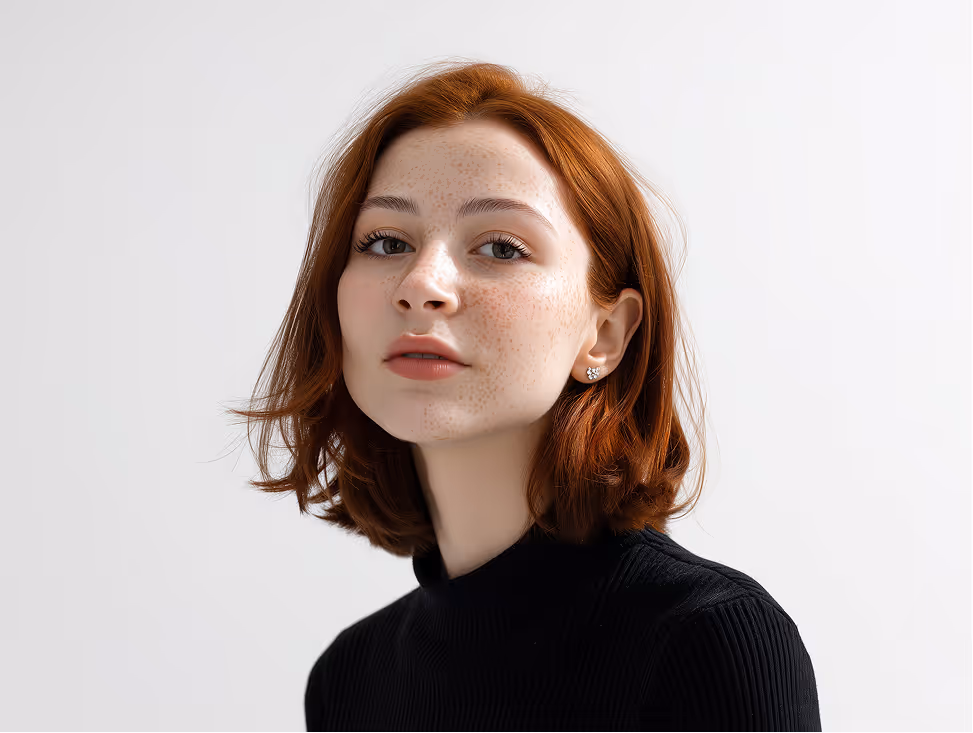 Side portrait of a young woman with red hair wearing a black top against a plain background